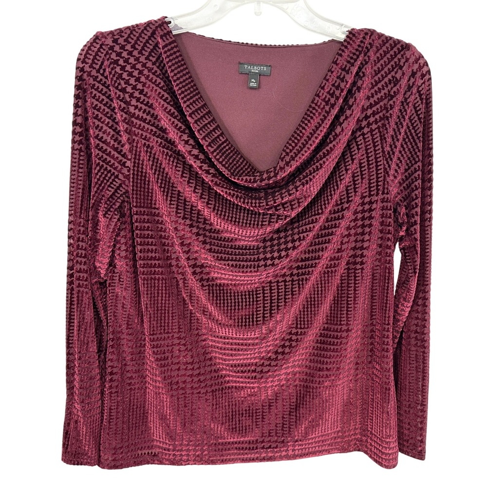 Talbots Medium Top Burgundy Burnout Velvet Houndstooth Cowl MP Long Sleeve 1129